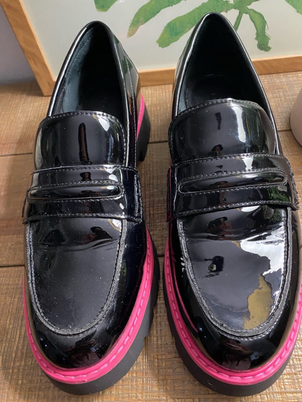 SANCTUARY Patent Westside Black Loafers with Pink Trim